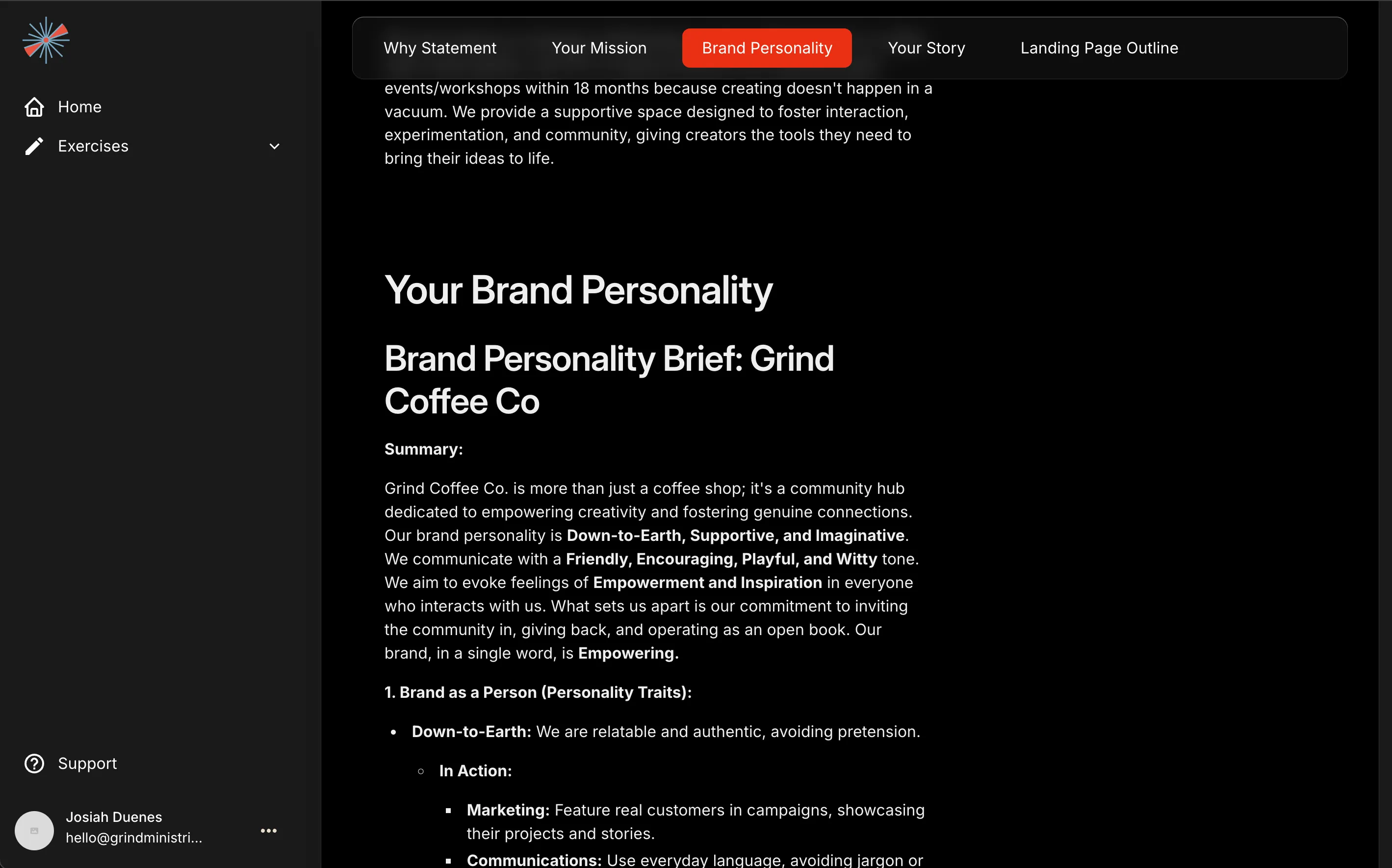 Example Gamma Core brand personality brief for Grind Coffee Co